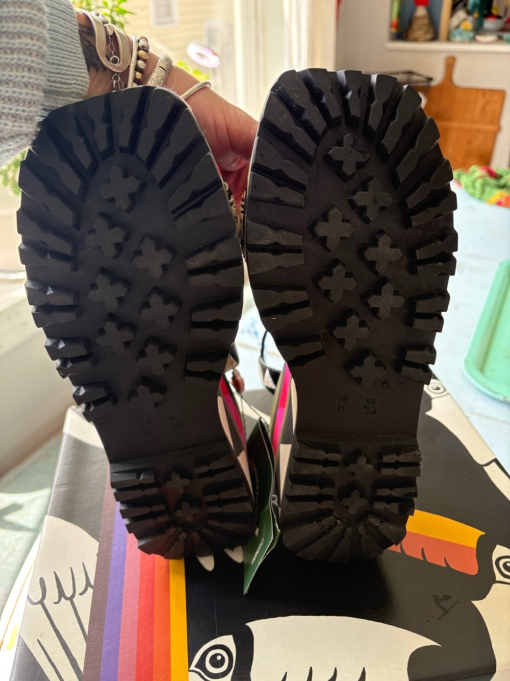 FARM Rio Black, Pink & Cream Platform Wedge Sandals with Geometric Trim - Picture 4 of 7